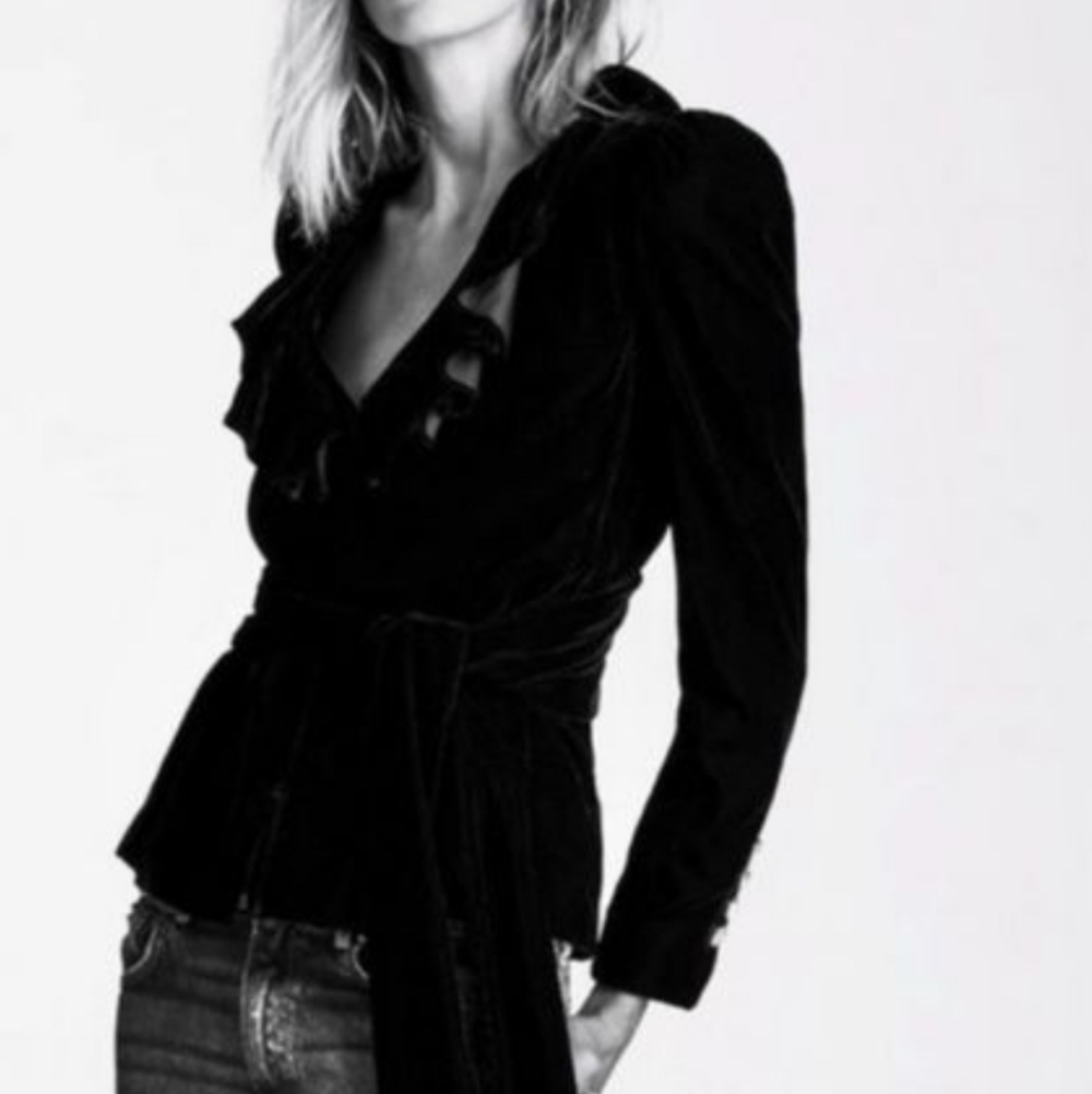 Zara NWT Black Velvet Padded Ruffle Tied Blazer Sz XS